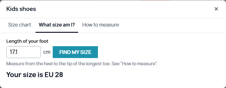 Shoe size calculator by foot length