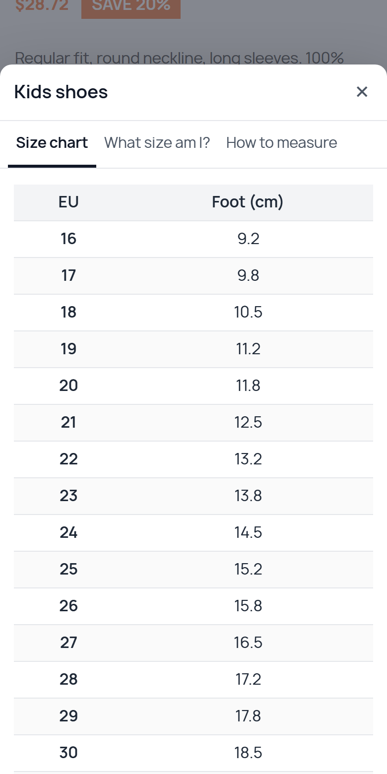 Kids shoe size guide on mobile