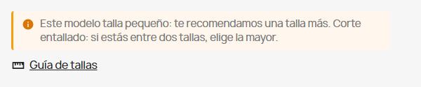 Aviso de horma y enlace a la guía de tallas en la ficha