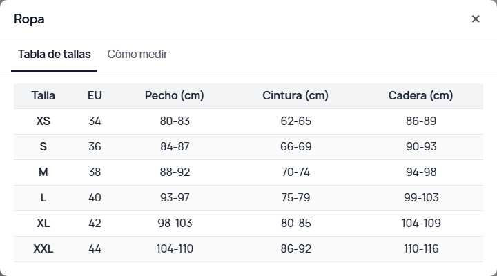 Tabla de tallas de ropa en una ventana