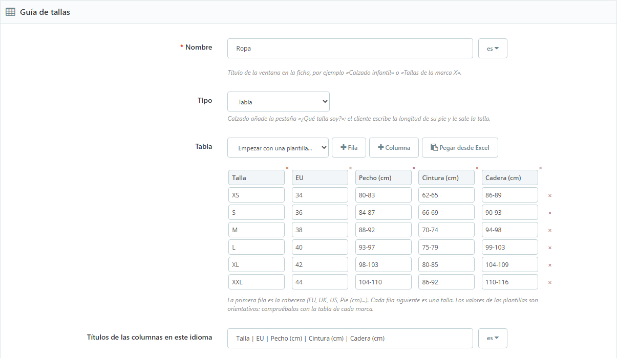 Editor de la tabla de tallas en el back office